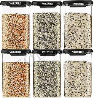 VOLTURI Air Tight Kitchen Containers Set of 6, Kitchen Storage Box for Pulses, Cereals, Grains, Dry Fruits, Pantry Organization, Kitchen Accessories Items for Home, Food Grade (1200 ML, Transparent)