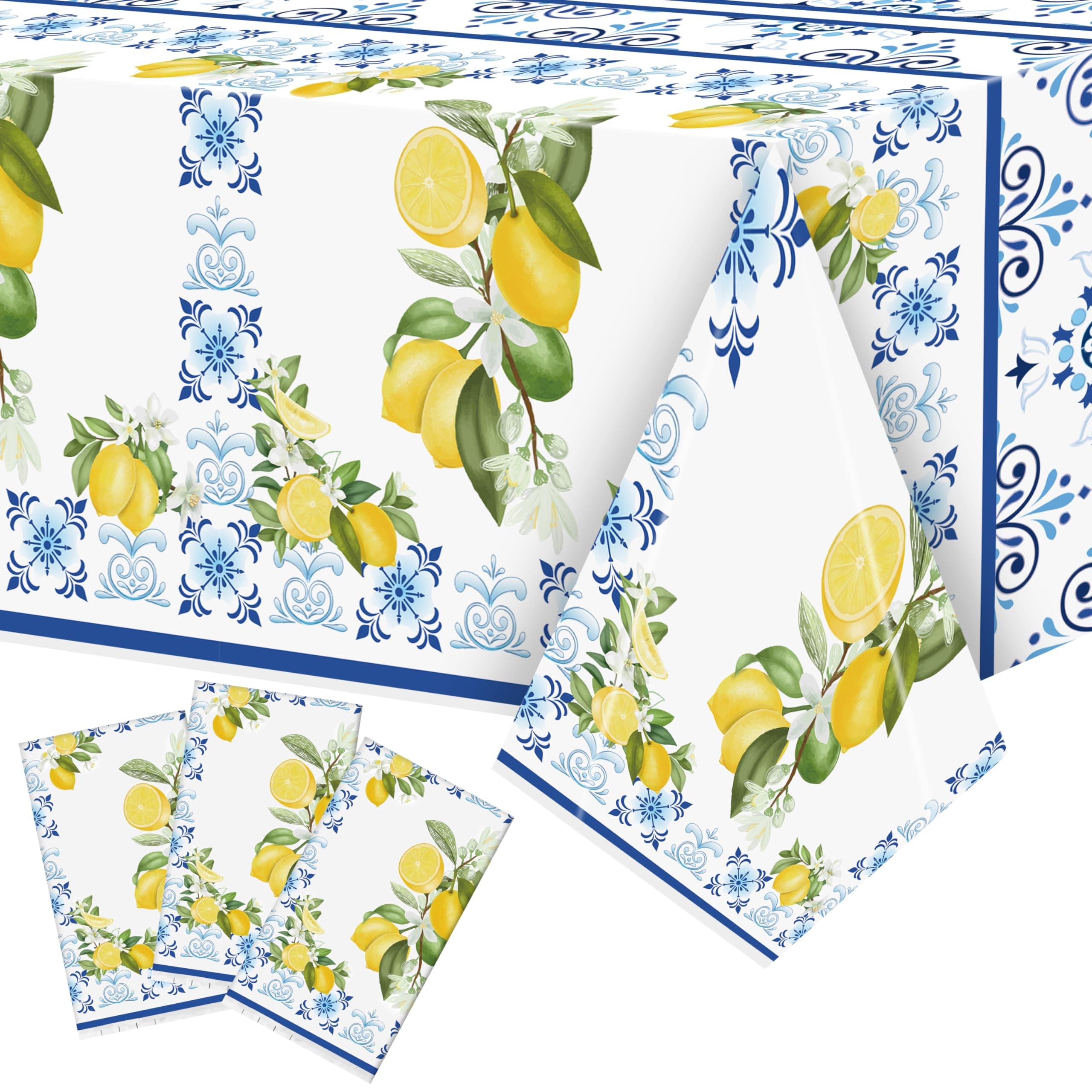 BkeeCten Capri Lemon Plastic Tablecloth - 3-Pack Mediterranean Pattern Disposable Waterproof Table Cover for Party Decoration, Summer Spring Fruit Kid Birthday, Dining, Picnic, Wedding