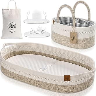 Baby Changing Basket Includes Diaper Caddy - Soft & Waterproof Dual-Cover, Portable, Changing Pad for Dresser & Changing Table, Gift for Baby Shower, Organic Cotton Rope