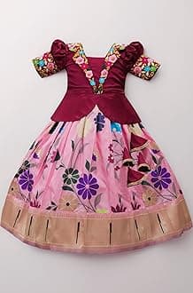 White Button Satin New South Indian Traditional Collar Digital Pattu Pavadai Readymade Lehenga Choli For Girl's Dress