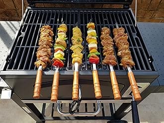 Kebab BBQ Stainless Steel Skewers 6pcs with Wooden Handles. Skewer Length 41cm. Blade Length 30cm Width 1cm Thick 2mm with Storage Pouch