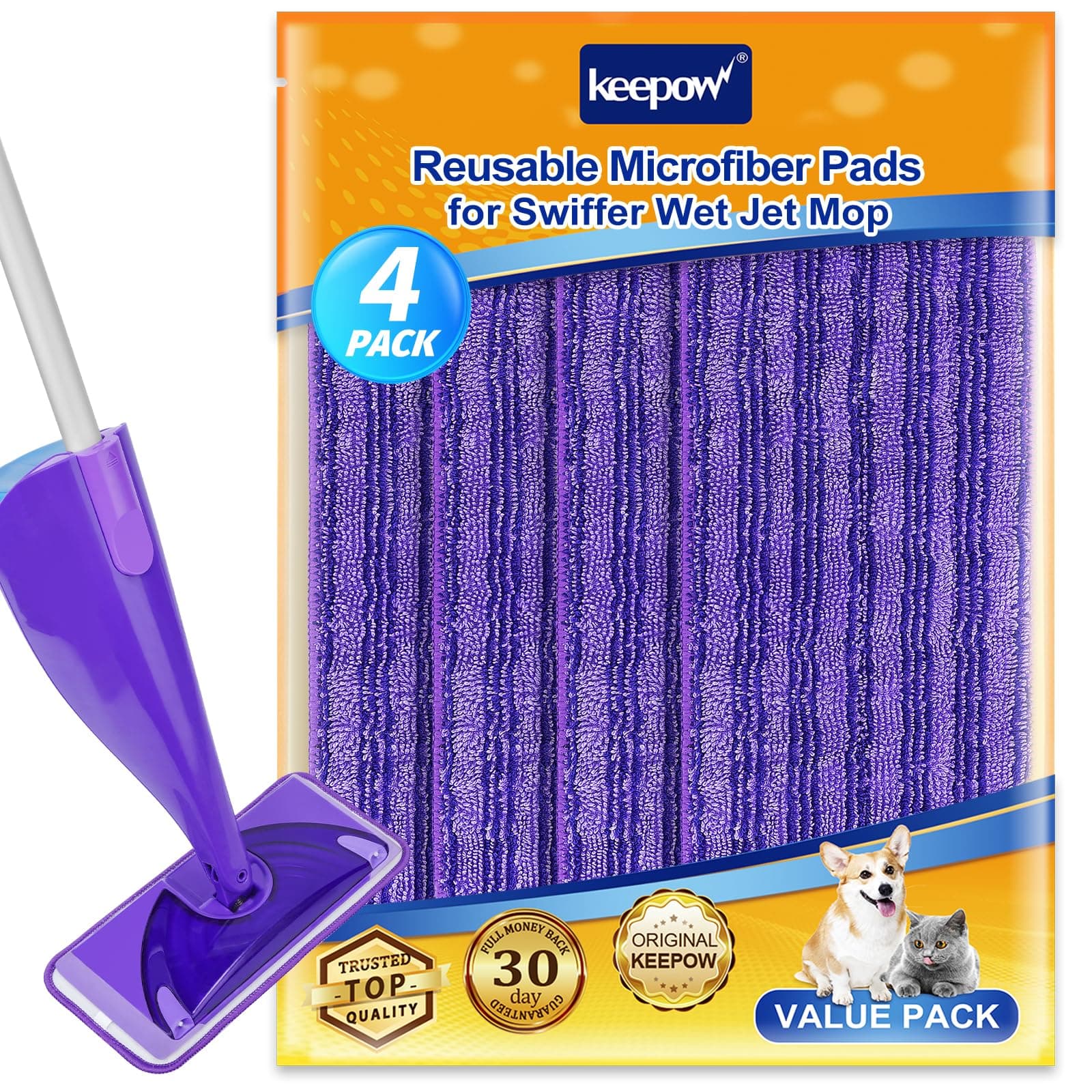 KEEPOW 4 PCS Spray Mop Refill Pads Compatible with Flash Powermop, Washable & Reusable Microfiber Mop Refill Pads, Floor Wipes For Any Type of Floor