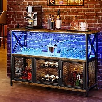 YITAHOME 55" Bar Cabinet with LED Lights, Wine Cabinet with Power Outlet, Bar Table Stand with Wine Rack, Storage Cabinets, Adjustable Shelf, Rustic Brown