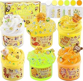 6 Packs Gradient Yellow Slime Kit - Clear, Butter, Cloud & Fluffy Slimes for Kids with Charms & Animal Add-ins, Party Favors for Girls & Boys, 360ml Non-Stick