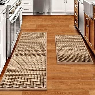 Kitchen Rugs and Mats Non Skid Washable Set of 2 PCS, Absorbent Runner Rugs for Kitchen, Farmhouse Weave Floor Mats in Front of Sink, 17.3"x 47"+17.3"x 29" (Brown)