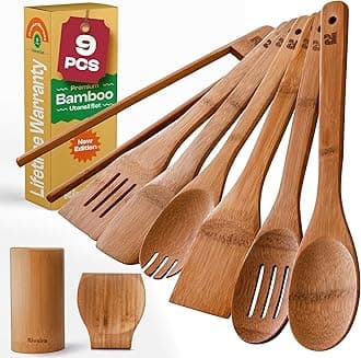 Riveira Dark Bamboo Wooden Spoons for Cooking 9-Piece with Holder, Apartment Essentials Wood Spatula Spoon Nonstick Kitchen Utensil Set Premium Quality Housewarming Gifts for Everyday Use