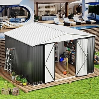 12x10 FT Outdoor Storage Shed, Garden Shed with Updated Frame Structure and Lockable Doors, Metal Tool Sheds for Backyard Garden Patio Lawn, White
