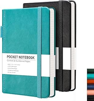 RETTACY Small Notebook 2-Pack - A6 Leather Hardcover Pocket Notebook with 160 Numbered Pages per Pack, College Ruled Notebook, 100 GSM Acid-Free Paper, Inner Pocket, 3.5" × 5.5" (Black & Cyan)