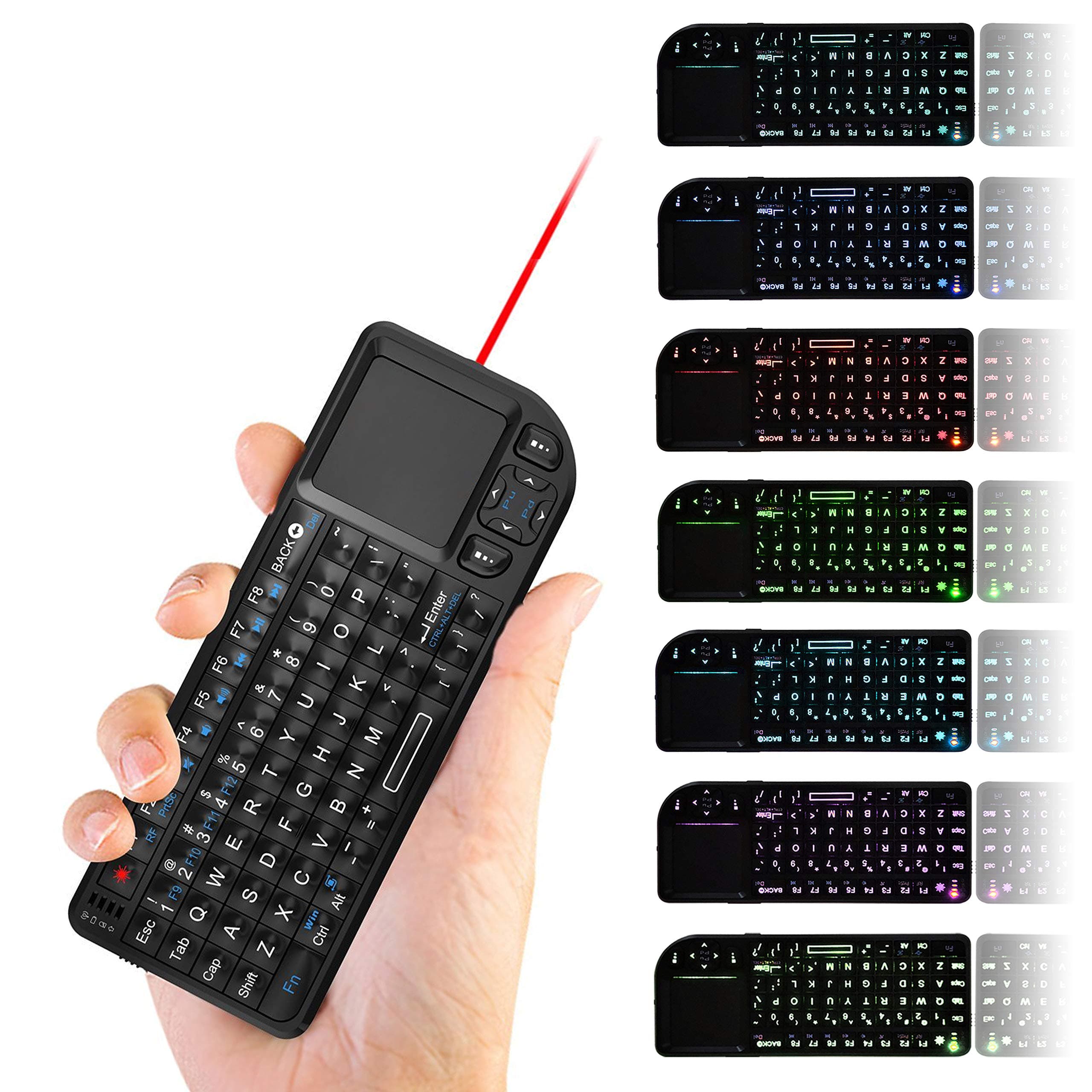 Backlit Mini Wireless Keyboard + Touchpad + Mouse with Laser Pointer, 2.4 GHz USB Remote Control LED Illuminated Rechargeable Li-Ion Battery for Android TV Box PC Tablets Laptop Gift for Father's Day