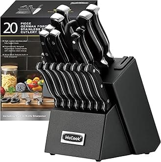 Black Knife Sets, German Stainless Steel Forged Kitchen Knives Block Set with Built-in Knife Sharpener