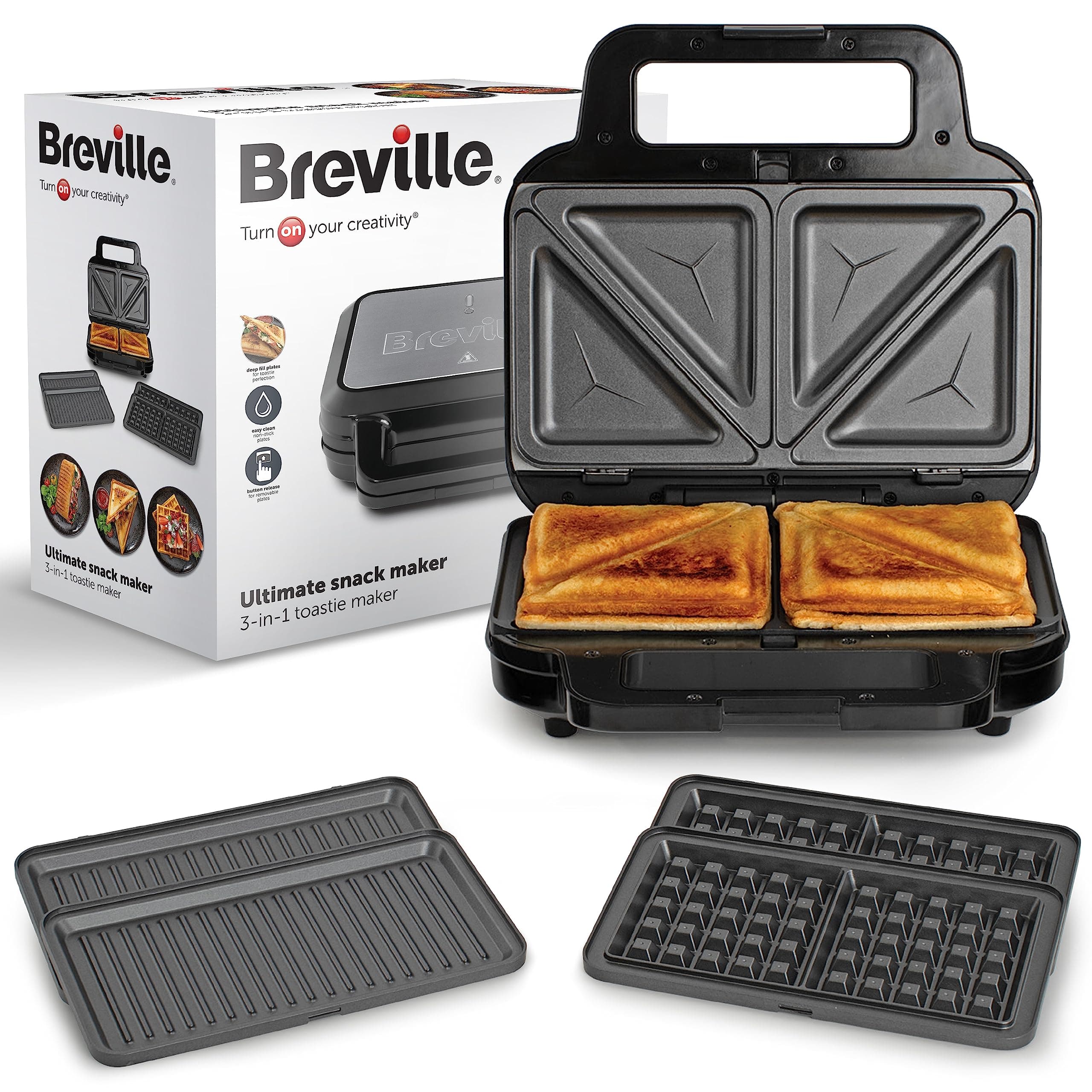 Breville 3-in-1 Ultimate Snack Maker | Deep Fill Toastie Maker, Waffle Maker & Panini Press | Removable Non-Stick Plates | Black & Stainless Steel [VST098] | UK Plug