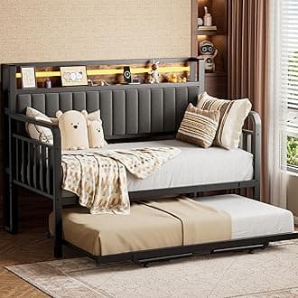 Daybed with Trundle and LED Light, Heavy Duty Metal Twin Bed Frame with Upholstered Storage Headboard & Charging Station, Day Bed Pop Up Trundle Bed Twin for Living Room,Bedroom and Guest Room, Brown