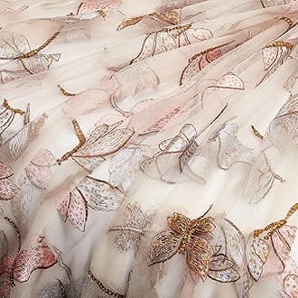 BENECREAT Organza Fabric with Embroidery Dragonfly, 63x63 inches Lace Fabric for Dress Costume Table DIY Crafts Curtain Home Vintage Decor, 0.5mm Thick