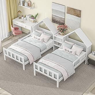 LUMISOL Double Twin Bed Frames for Kids, Wooden House Bed Frame with Nightstand for 2 Kids, No Box Spring Needed, Easy Assembly, White