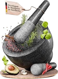 ChefSofi Extra Large 8 Inch 5 Cup-Capacity Mortar and Pestle Set - Black Polished Exterior - One Huge Mortar and Two Pestels: 8.5 inch and 6.5 inch