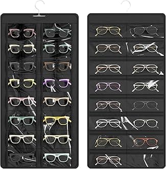 Hanging Sunglasses Organizer and Storage, Dual-Sided Sunglasses Case and Jewelry Holder, Wall-Mounted, 32 Clear Slots, Dust-Proof, Roof Design for Travel, Black