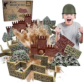 Military Battlefield Base Magnetic Tiles Building Blocks - Army War Themed Playset for Imaginative Military Building and Learning - STEM Education Toy WW1 WW2 - Great Birthday Gift for Boys
