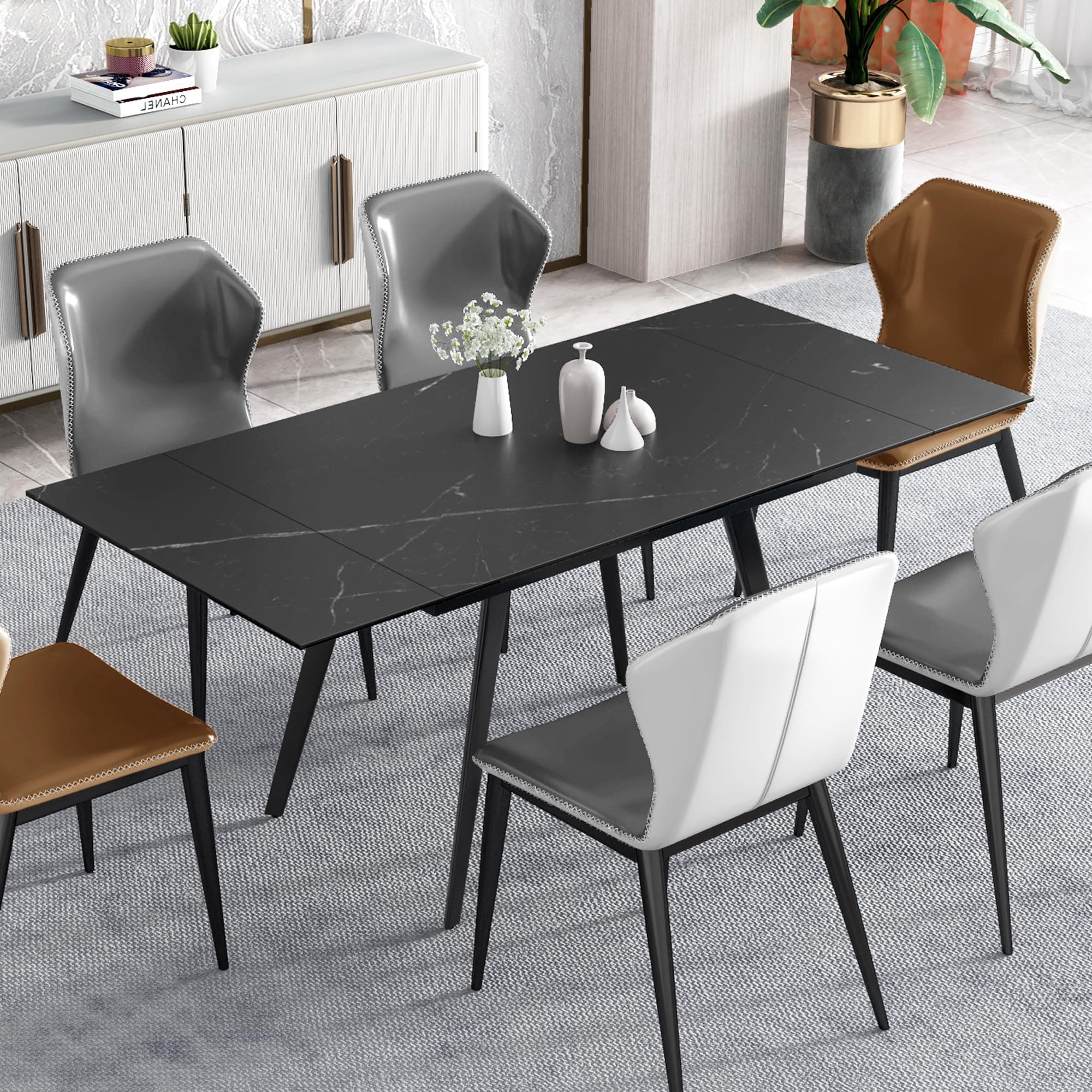 71" Modern Dining Table for 4-6 People, Rectangular Black Kitchen Table Extendable with Faux Marble Sintered Stone Tabletop with Drop Leaf for Dining Room Family Gathering (Only Table)