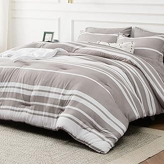 Full Comforter Set 7 Pieces, Taupe Striped Bedding Set for All Seasons, Reversible, Cationic Dyeing Bed in a Bag with Comforter, Sheets, Pillowcases & Shams