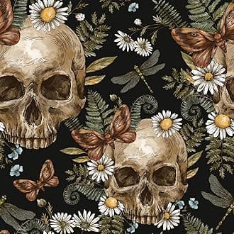 SOEWIOU Skull Floral Peel and Stick Wallpaper,44.5 * 300CM Thicken White Flowers Wallpaper Removable Self-Adhesive Contact Paper Butterfly Green Leaf Skull for Living Room Bedroom Washroom Cabinet