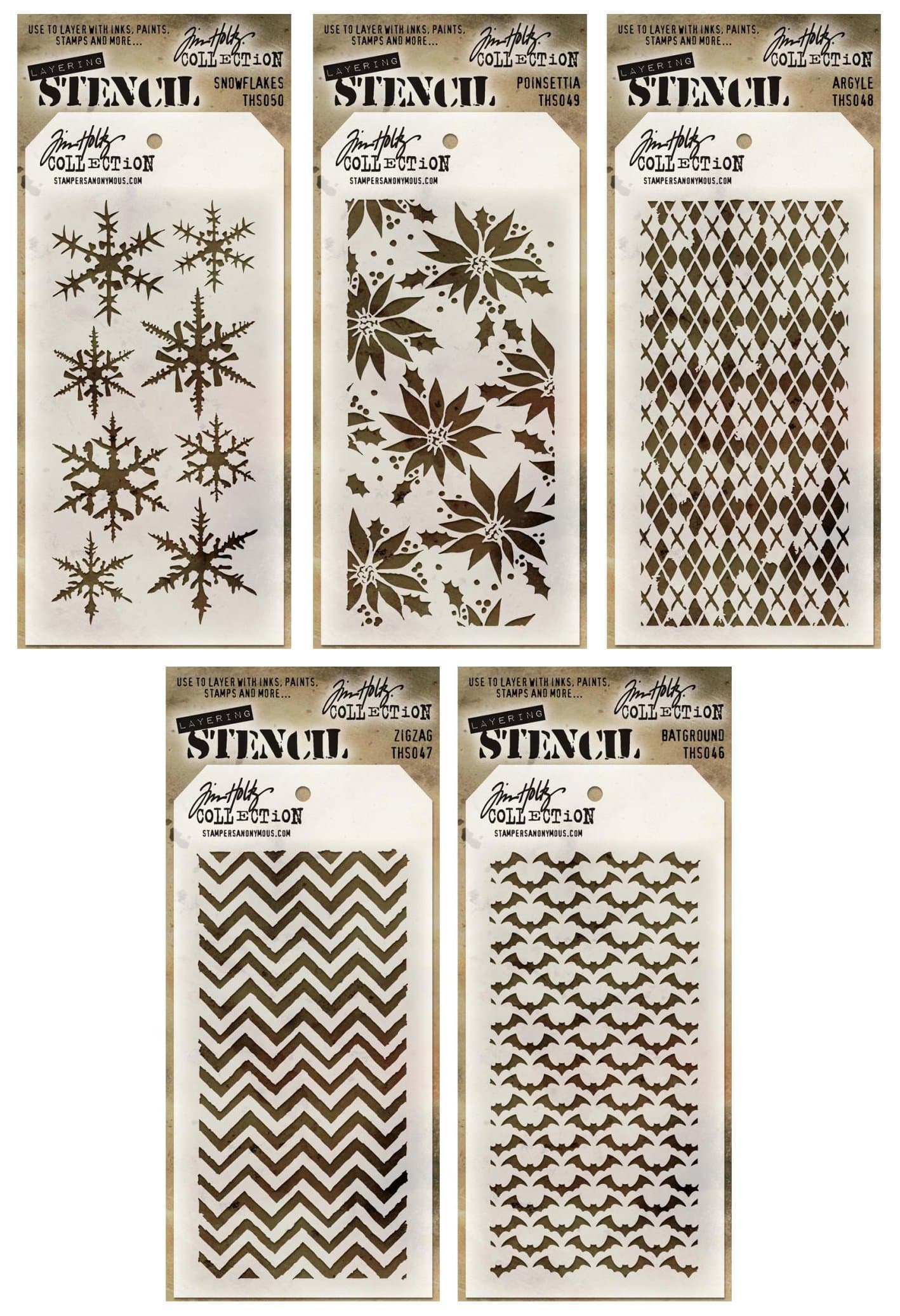 Tim Holtz - Stencil Set 5 - Five Item Bundle - Batground, Zigzag, Argyle, Poinsettia, and Snowflakes
