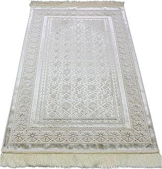 ModefaVelvet Islamic Prayer Rug with Prayer Beads Turkish Janamaz Sajadah Floral Stamp Luxury Plush (Ivory)