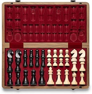 A&A Premium Natural Walnut Folding Chess Set, w/ 15" Board & 3" King Height Staunton Chess Pieces, Includes 2 Extra Queens and a Storage Bag