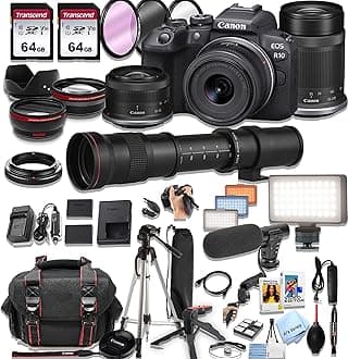 Canon EOS R10 Mirrorless Camera18-45mm and 55-210mm Lenses + 420-800mm Super Telephoto Lens + 128GB Memory, LED Light, Microphone, Spare Battery, Case, Tripod, Flash, (44pc Bundle) (Renewed)