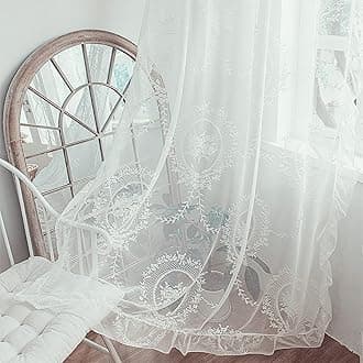 Deeprove White Lace Curtains 63 Inches Long 2 Panels Set, French Rococo Sheer Florals Scallop Ruffle Edge, Shabby Chic Vintage Window Treatment Pair Decor Drapes for Bedroom, Rod Pocket, W57 x L63