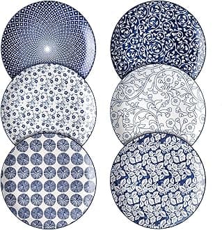 - 8 inch Porcelain Dinner Plates, Large Size Serving Plate for Salad, Pancakes, Steak, Set of 6, Vintage Blue