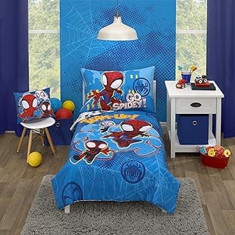 Marvel Spidey and his Amazing Friends Spidey Team Red, White, and Blue 4 Piece Toddler Bed Set - Comforter, Fitted Bottom Sheet, Flat Top Sheet, and Reversible Pillowcase