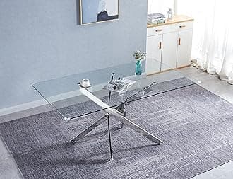 Rectangular Glass Dining Table, Glass Kitchen Table with Clear Tempered Glass Top &4 Silver Chrome Legs, Modern Glass Dininer Table for Dining Room Living Room Kitchen(Silver5)