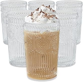 Vintage Textured Clear Striped Drinking Glasses Set of 6, (13 oz) Ribbed Glassware Set with Flower Design | Cocktail Set, Glass Cups, Iced Coffee Cup