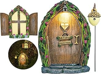Opening Fairy Door & Window Set for Trees - Fairy Garden Kit with Light, Decor