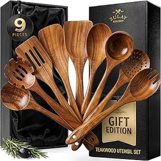 9-Piece Teak Wooden Utensils for Cooking - Natural Teak Utensil Set with Premium Gift Box - Non-Stick Wooden Spoons for Cooking - Kitchen Gift Set - Comfortable Grip Wooden Utensil Set