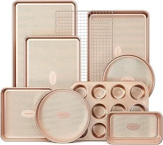 HONGBAKE 9-Piece Baking Pans Set Nonstick, Stackable Non Toxic Bakeware Sets with Diamond Texture, Oven Pan Set for Cooking, Includes Cookie Sheet with Rack, Cake Pan, Roasting Pan, Muffin Tin, Gold