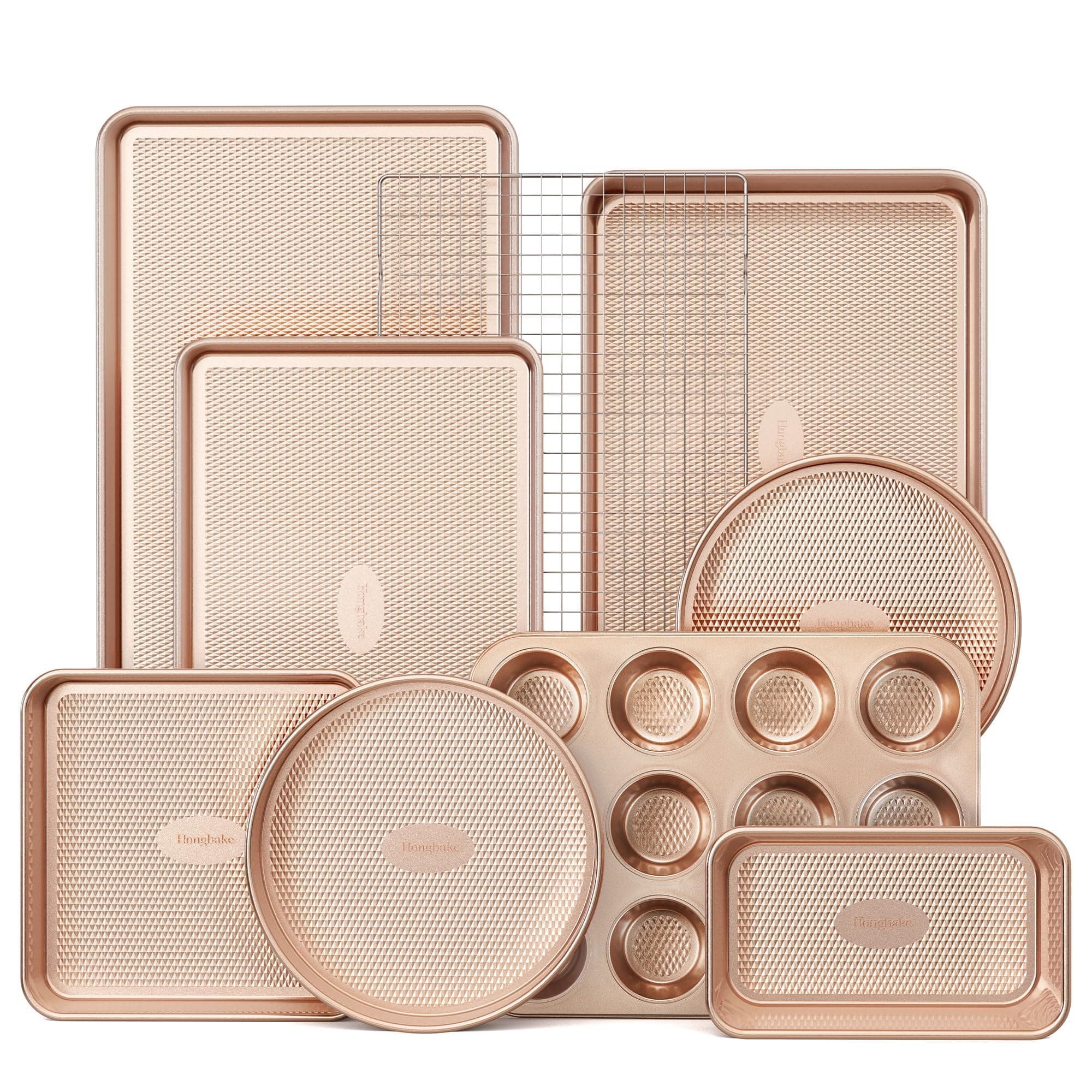 9-Piece Baking Pans Set Nonstick, Stackable Non Toxic Bakeware Sets with Diamond Texture, Oven Pan Set for Cooking, Includes Cookie Sheet with Rack, Cake Pan, Roasting Pan, Muffin Pan, Gold