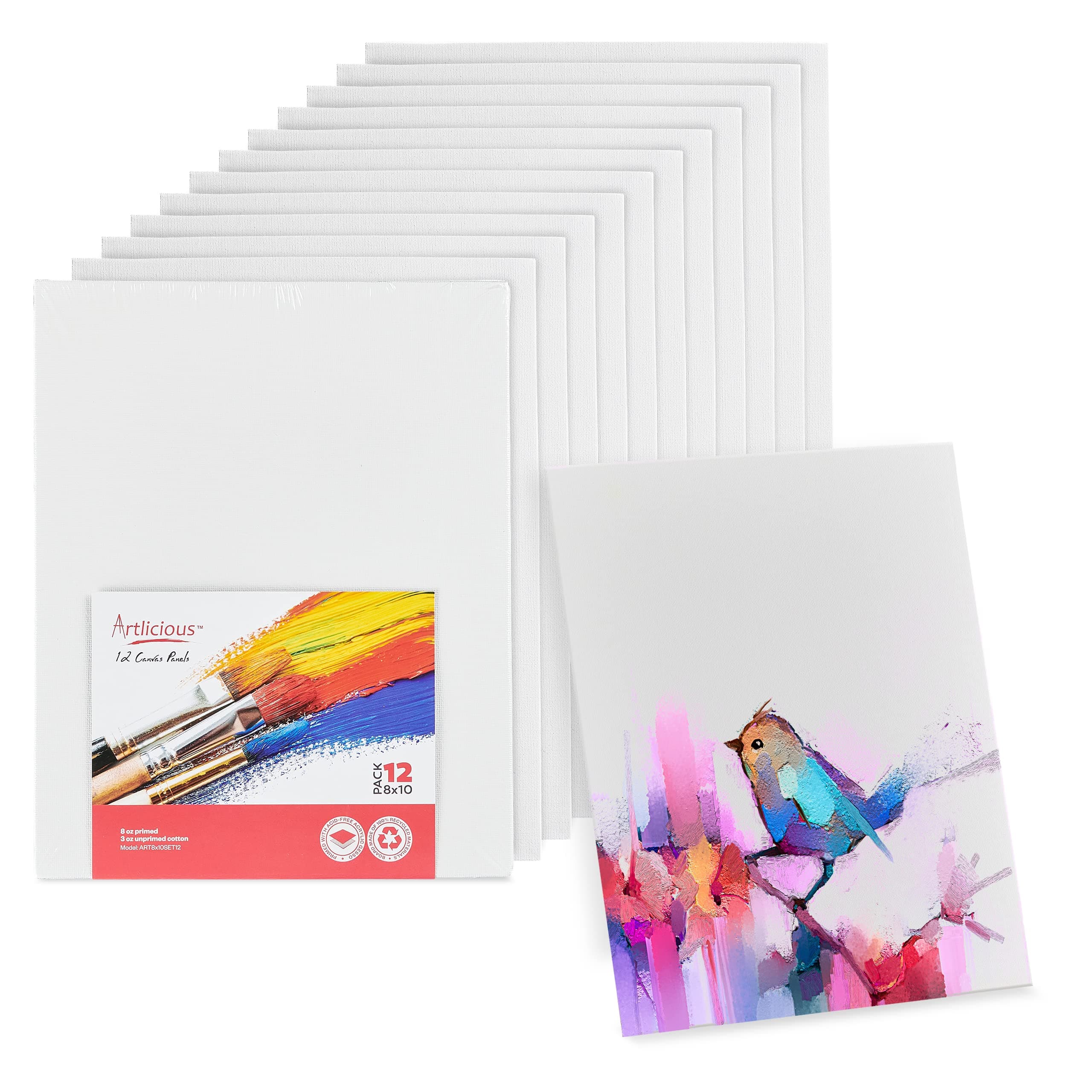 Artlicious Canvases for Painting 12 Packs - 8 x 10” Blank Canvas 100% Cotton Painting Canvas Panels for Acrylic, Oil & Watercolor Paint for Canvas Painting