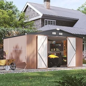 oneinmil 11.5x9.4 FT Outdoor Storage Shed, Metal Tool Shed with Lockable Door, Metal Shed Garbage Can, Storage House for Backyard, Garden, Patio, Lawn, Brown