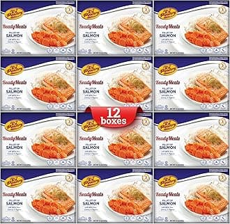 KJ Poultry Kosher Ready Meals - Salmon Fillet Fish, Parve MRE Meal Ready to Eat, Protein Food, Halal, (12 Pack) Prepared Entree Fully Cooked, Shelf Stable Microwave Dinner, Travel, Military, Camping