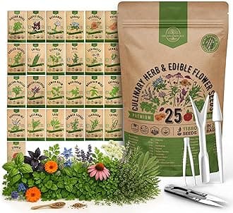 25 Culinary Herbs & Edible Flower Seed Variety Pack for Planting Indoor & Outdoors. 11900+ Non-GMO Heirloom Flower Seeds: Basil, Borage, Echinacea, Lavender, Oregano, Rosemary Seeds & More