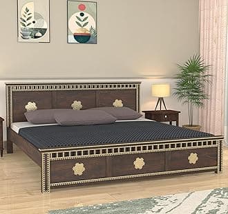 Wooden Queen Size Bed Without Storage | Kuber Design Double Bed Cot Bed with Brass Work for Bedroom & Hotel | Palang/Platform Bed | Sheesham Wood, Walnut, Recommended Mattress Size: 78 X 60 X 6