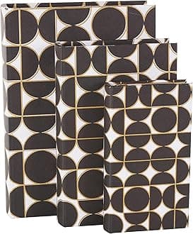 Deco 79 Faux Leather Decorative Box Faux Book Storage Book Shaped Boxes with White and Gold Geometric Patterns, Set of 3 Decorative Keepsake Boxes 13", 11", 9"H, Black