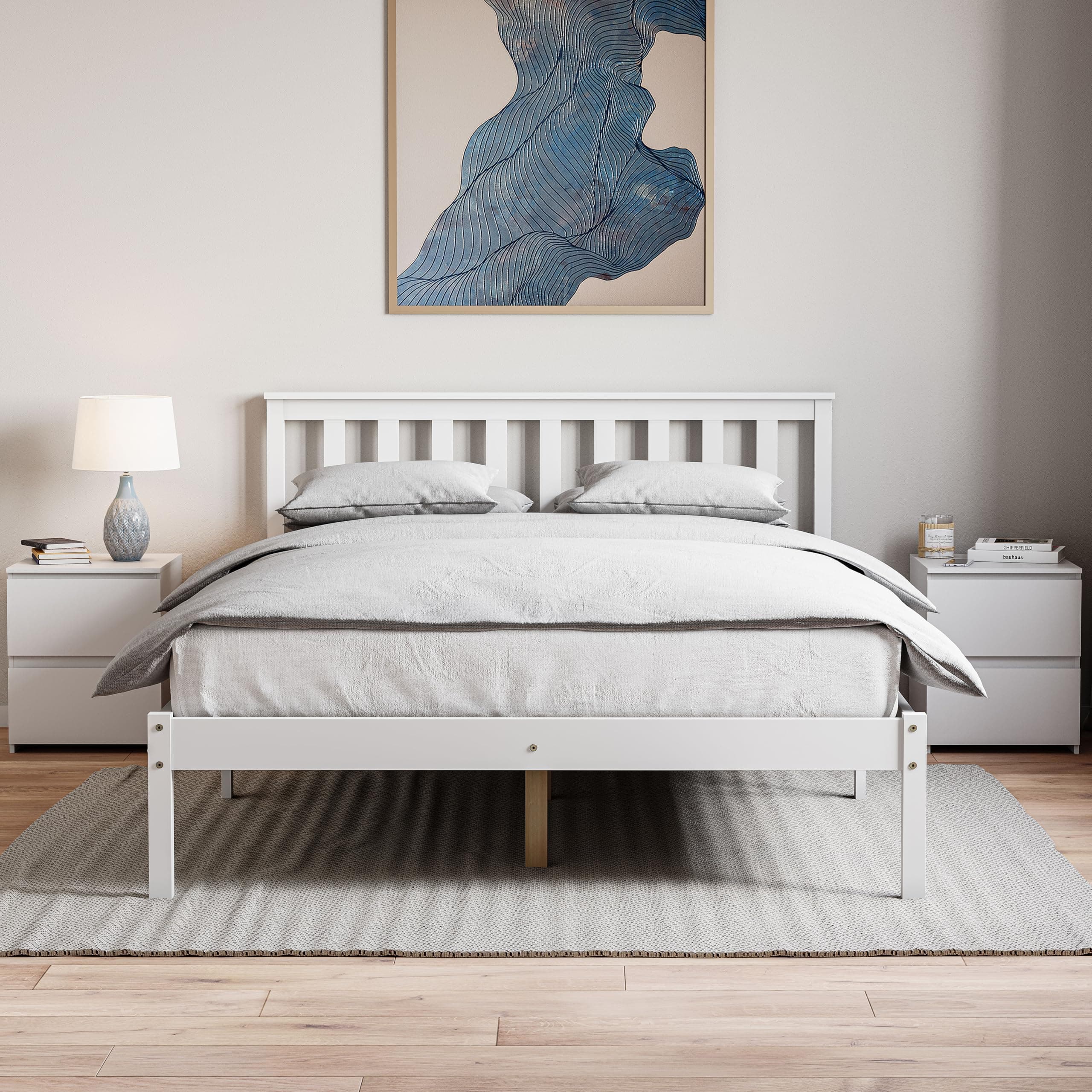 Vida Designs Milan Double Bed, 4ft6, Bed Frame, Solid Pine Wood, Headboard, Low Foot End, Bedroom Furniture, White