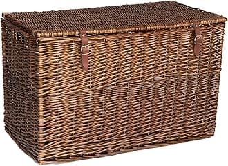 Arthur Cameron - Lightweight Wicker Storage Trunk, Storage Box with Lid & Leather Straps - Woven Chest, Basket, Large Wicker Basket with Lid (Distilled Brown, Large)