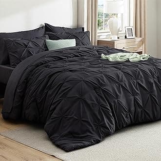 Bedsure Full Comforter Set Black - Bed in a Bag Full Size 7 Pieces, Pintuck Bed Set Gift for Family, Pinch Pleat Black Comforter with Sheets, Pillowcases & Shams