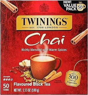 Chai Black Tea Individually Wrapped Bags, Sweet, Savoury Spices, Caffeinated, Enjoy Hot or Iced - 50 Count