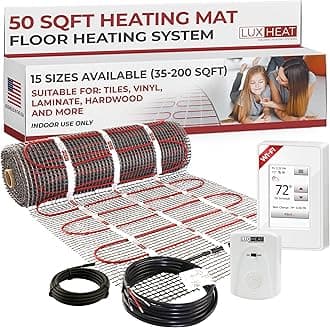 LuxHeat 50sqft Floor Heating Mat Kit – 240v Electric Radiant Under Floor Heating System – Heated Flooring System for Tile & Laminate - Includes UWG4 WiFi Programmable Thermostat w/GFCI, Alarm & Sensor