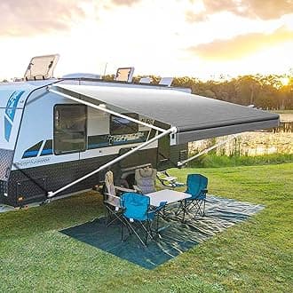 YESCAMP Manual RV Awning Complete Kit Retractable Camper Awning for RV or Trailers RV Roll Out Awning for Camper or 5th Wheel,Travel Trailers,Toy Haulers,Motohome(12Ft,White Frame,Grey Fade)