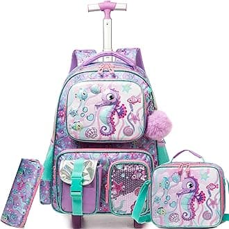 Kids Rolling Backpack with Wheels for Girls Rolling Backpacks with Lunch Box for Elementary School Students 3 in 1 Travel Luggage Suitcase for Girls Age 8-10